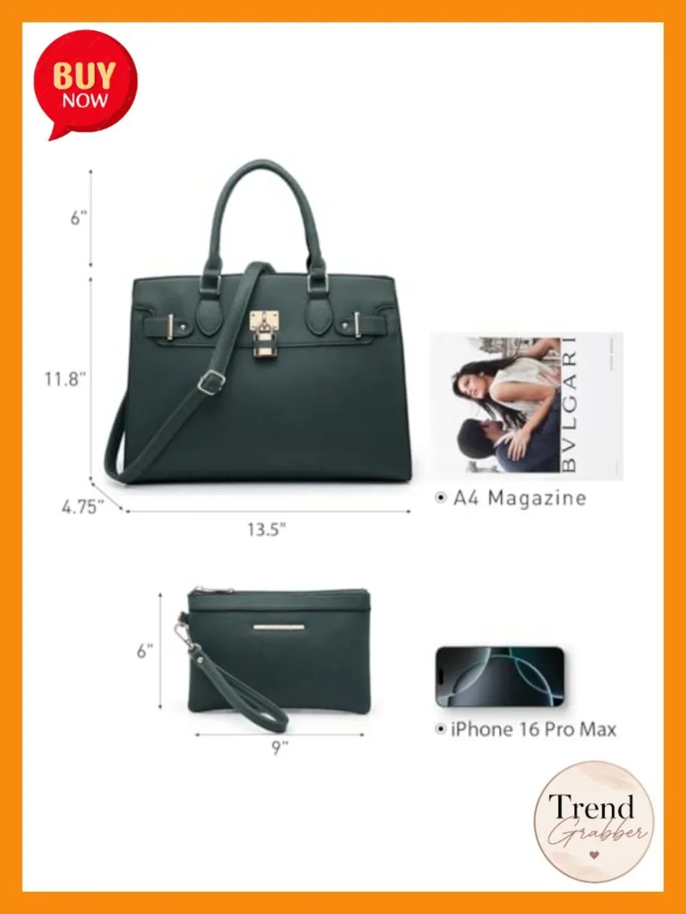 Women's Vegan Leather Satchel Bag with Matching Clutch Wallet Set